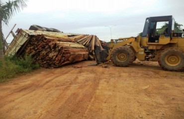 JARU -  Carreta carregada de lenha tomba em entrada de laticínio