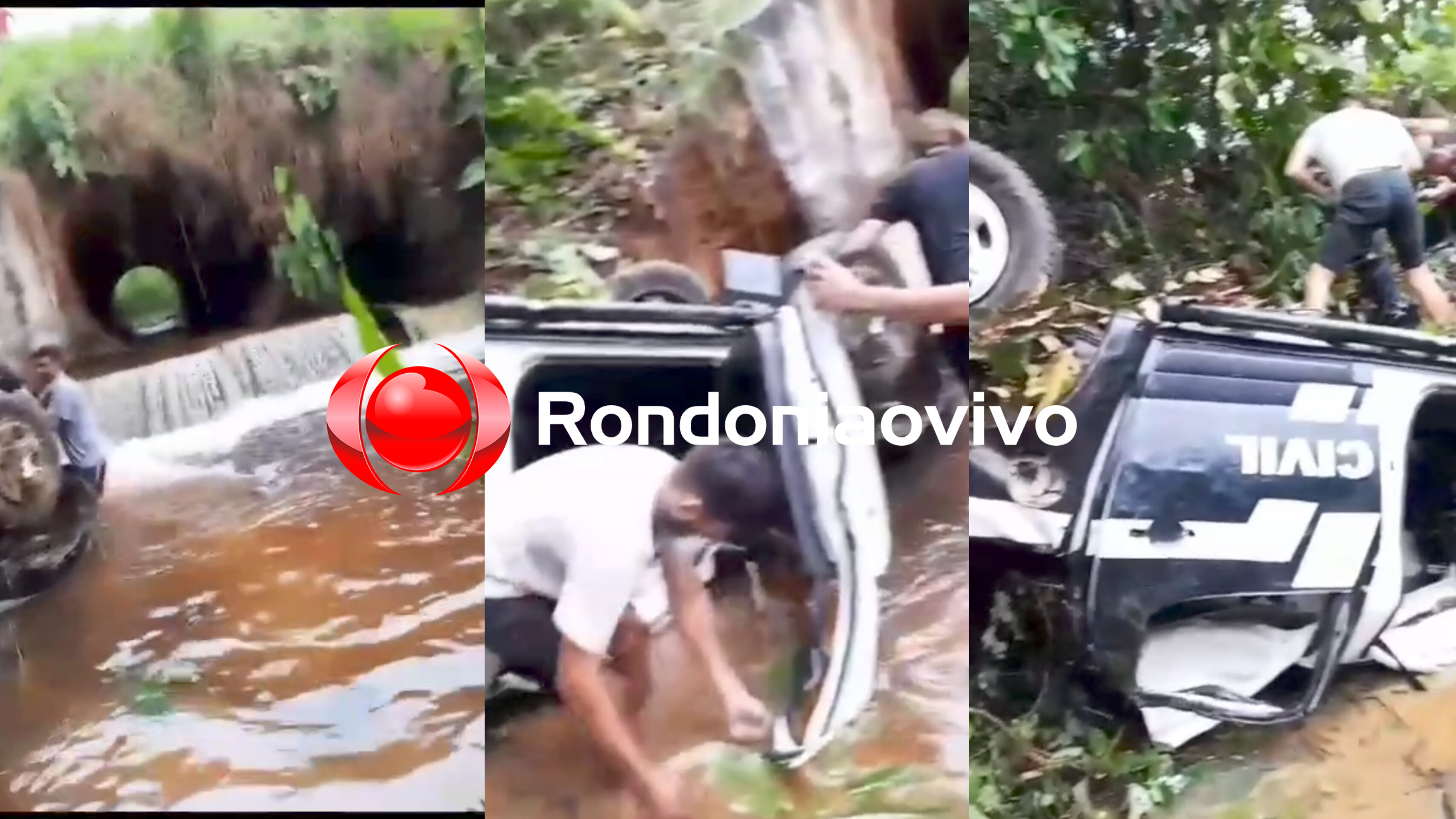 VÍDEO: Policiais civis sofrem ferimentos após viatura capotar e cair em córrego na BR-364 