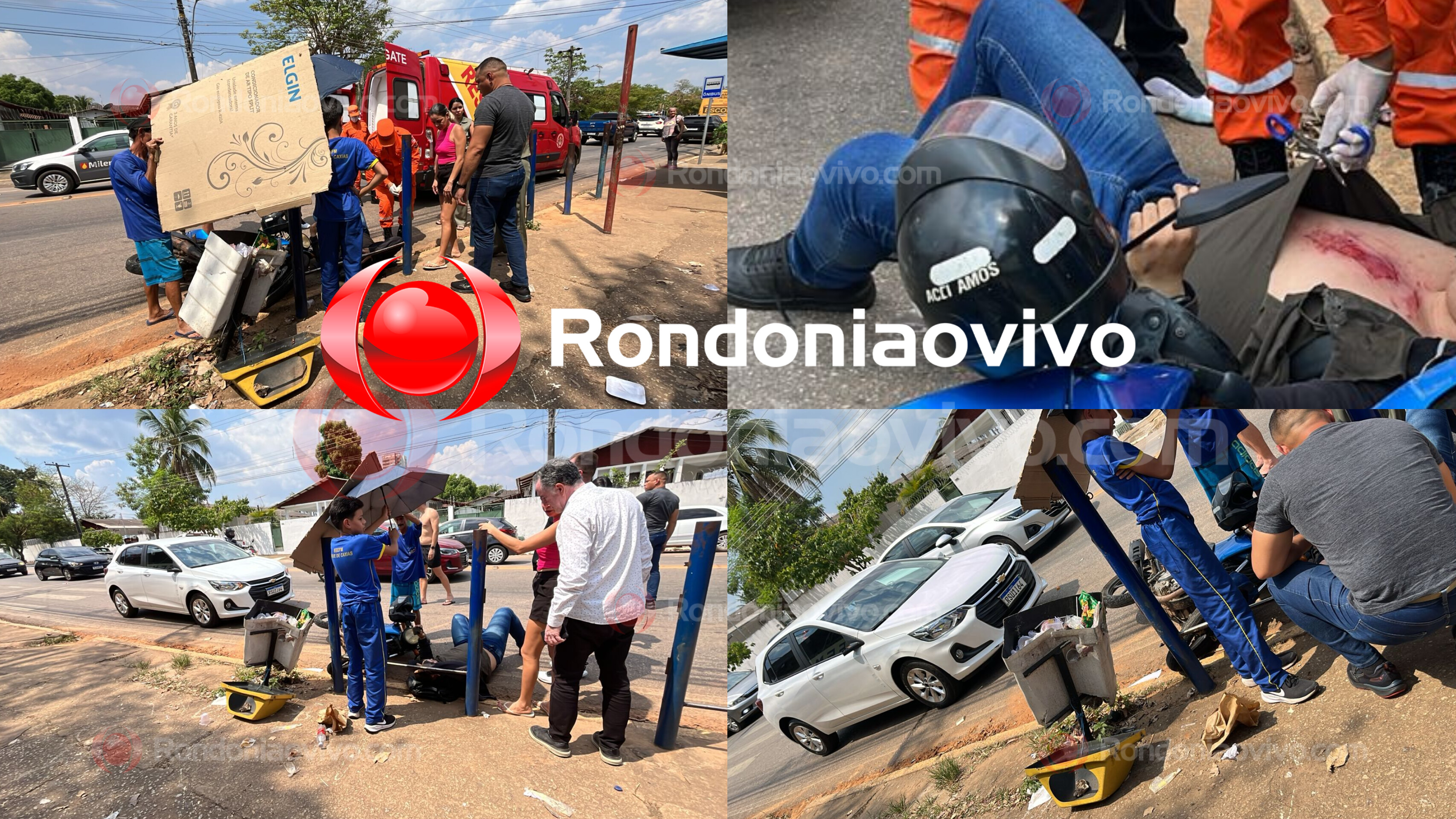 URGENTE: Motociclista fica seriamente ferido após bater em carro e contra lixeira 