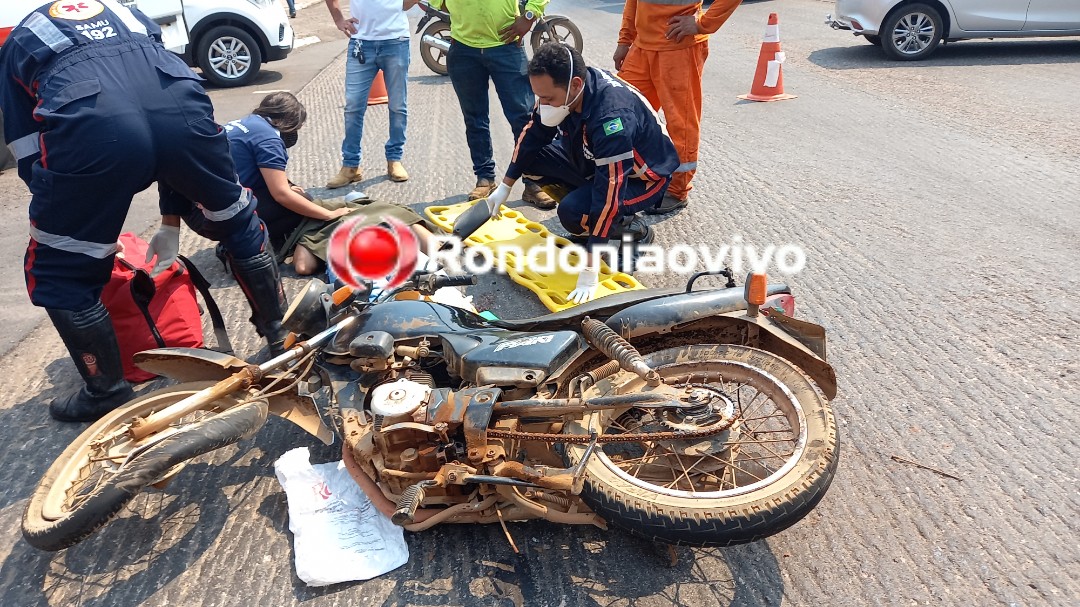 AVANÇOU: Motociclista sofre grave fratura após acidente com caminhão na Jorge Teixeira