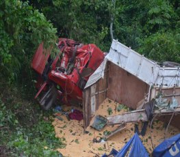 BITREM: Carreta carregada de milho tomba na BR-364