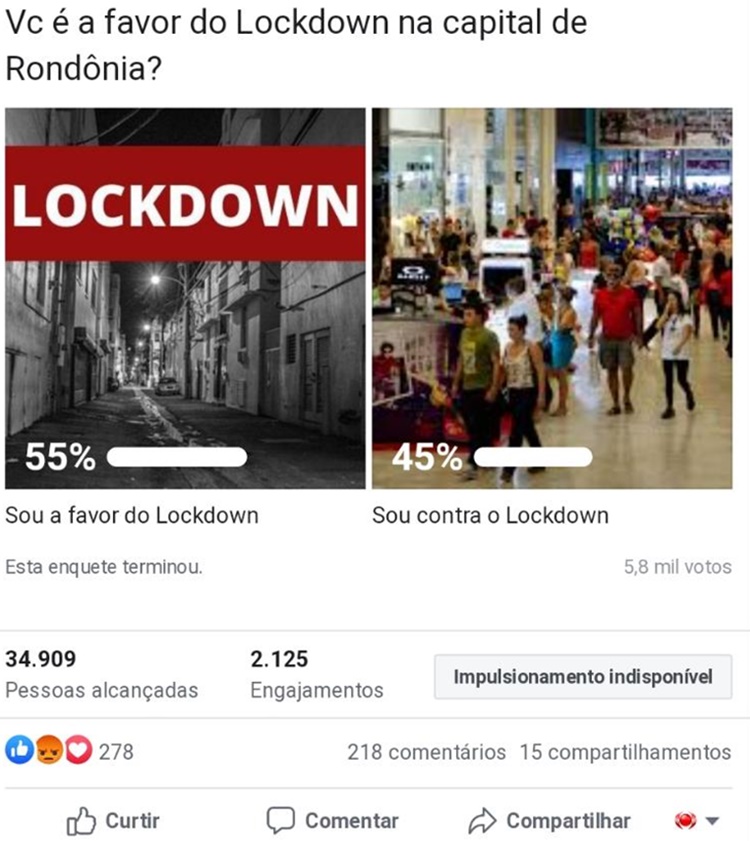 ENQUETE: Internautas são a favor da adoção de Lockdown em Porto Velho