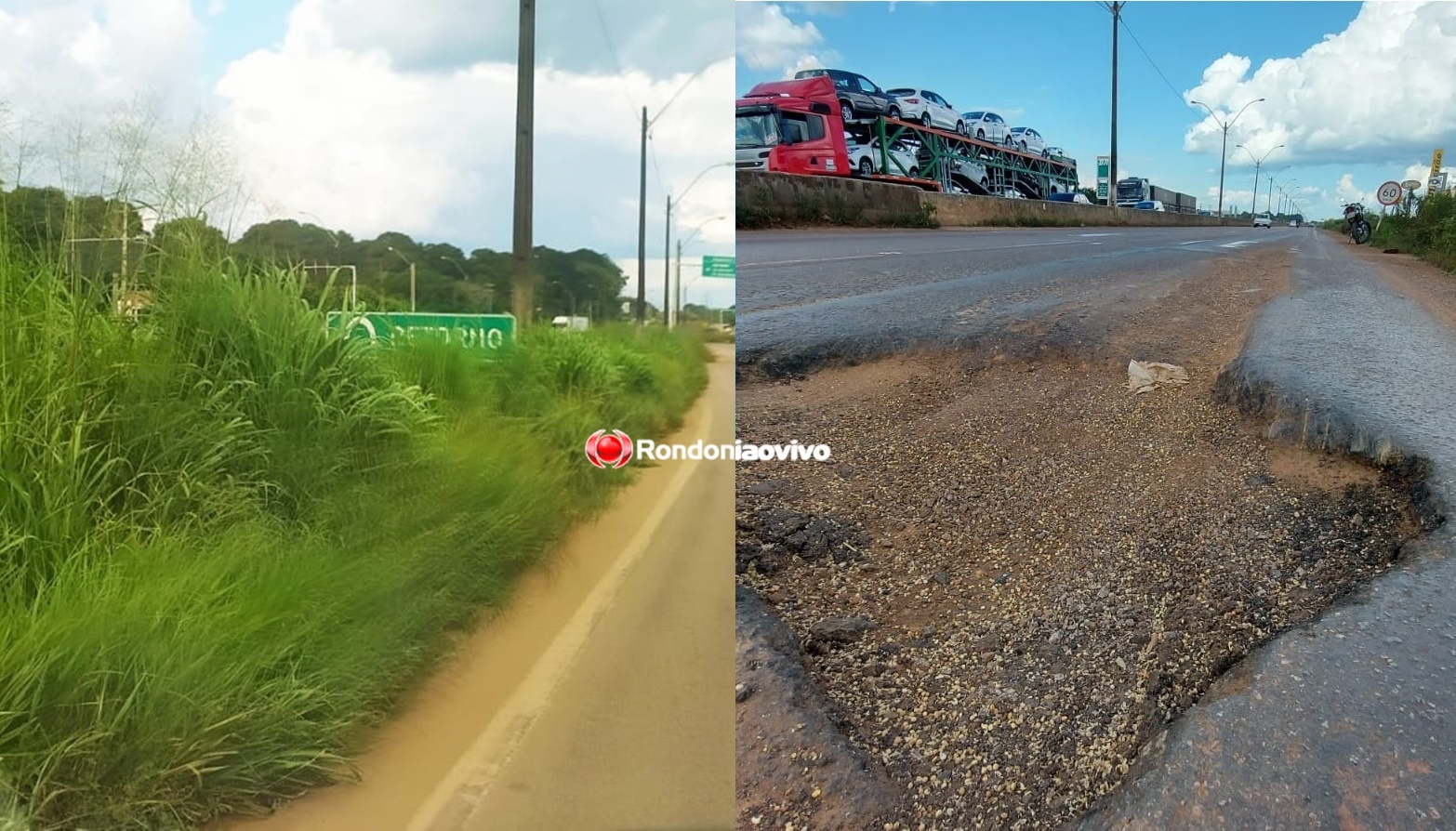 ABANDONO: Buracos e matagal dominam a BR-364 no perímetro urbano de Porto Velho