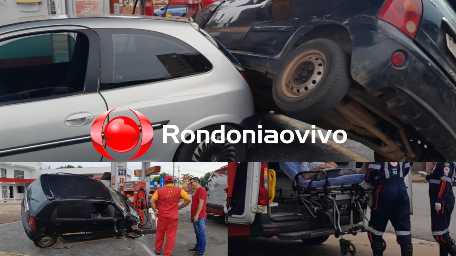 MOTORISTA FERIDO: Carro fica engatado em outro após invadir posto de combustíveis