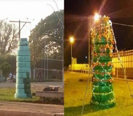 Prefeitura empilha pneus para fazer árvore de Natal e vira 'piada' na web