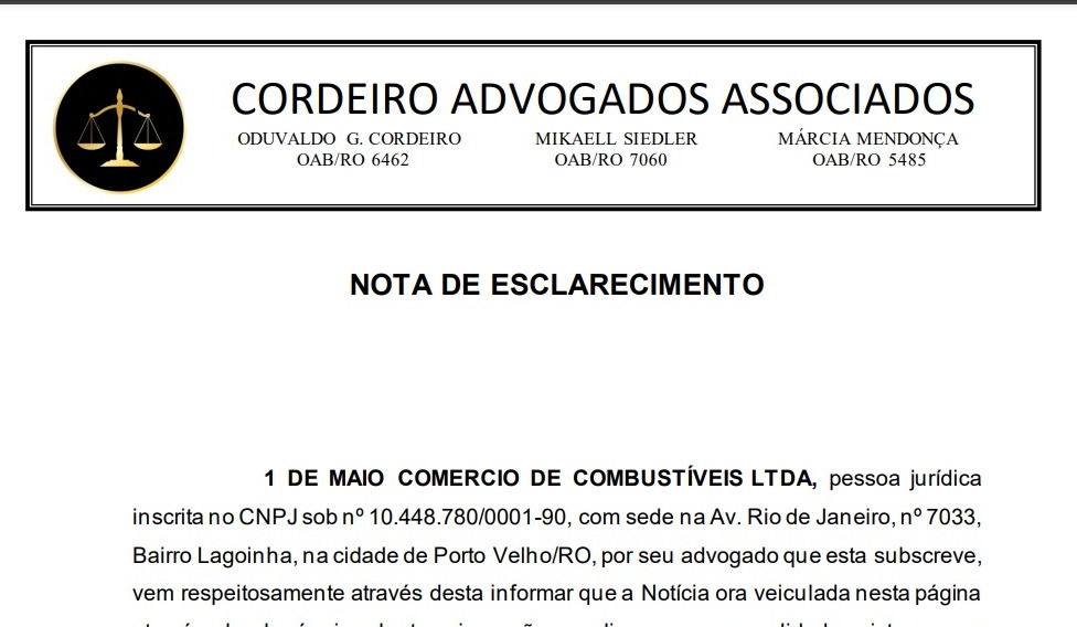 NOTA: Grupo '1º de Maio Comércio de Combustíveis' emite nota de esclarecimento