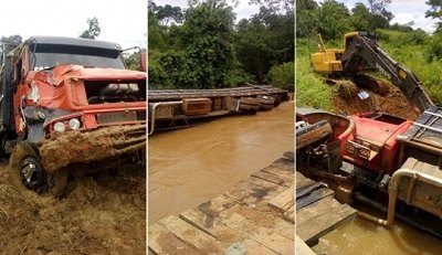 Caminhão boiadeiro cai em ponte na zona rural