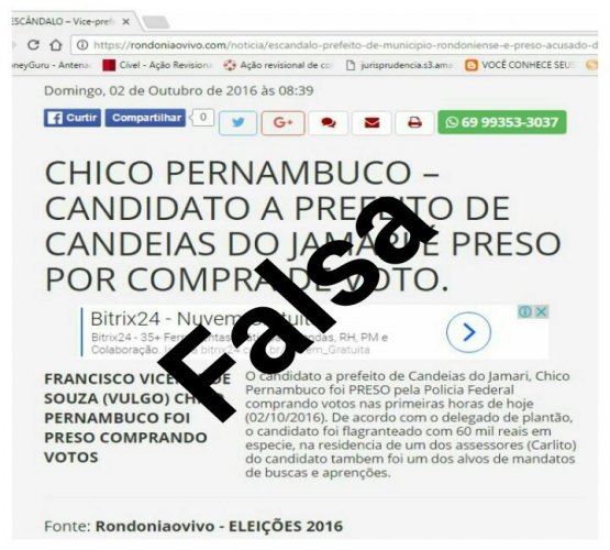 Notícia de prisão de candidato a prefeito por compra de votos é falsa