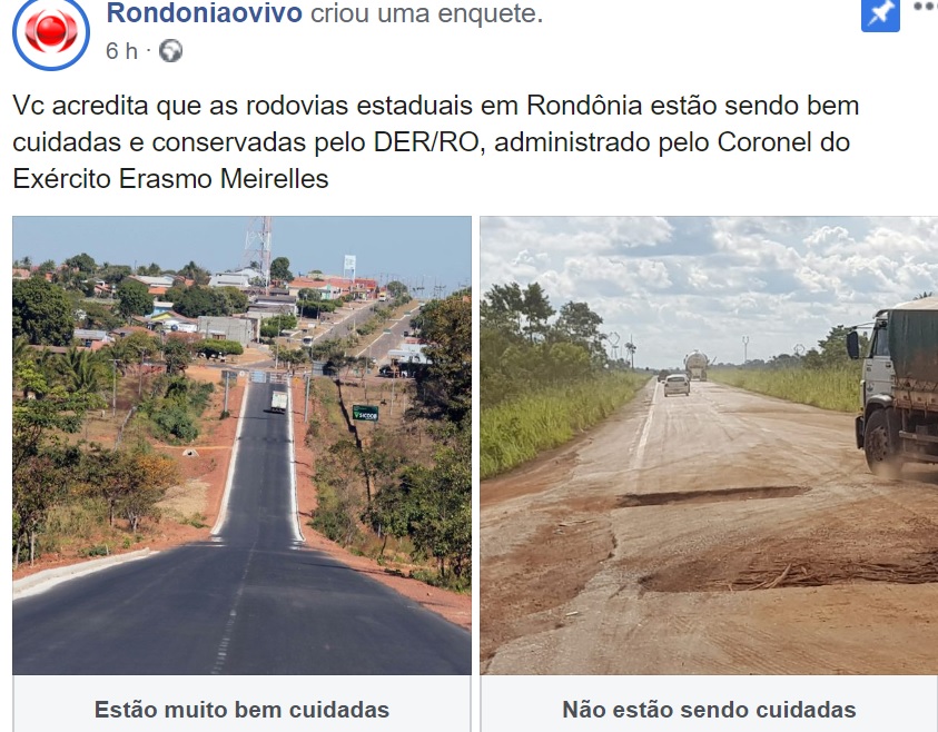 ENQUETE: Você acredita que as rodovias estaduais estão sendo bem conservadas pelo DER/RO?