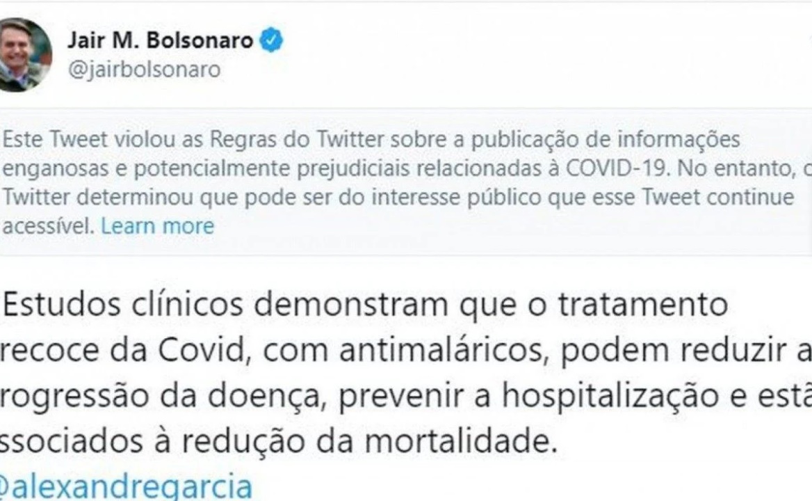 Twitter coloca aviso em post de Bolsonaro após 'violação de regras'