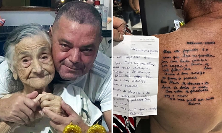 AMOR:  Homem tatua carta da mãe três dias após a morte dela