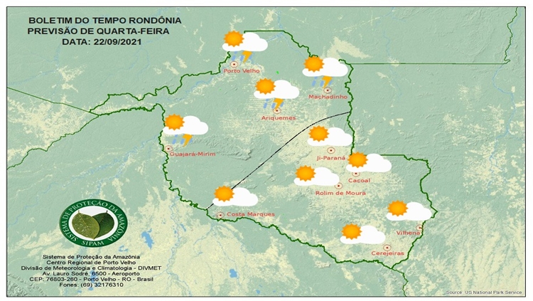 CLIMA: Confira a previsão do tempo para esta quarta-feira (22) em Rondônia 