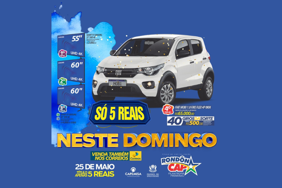 RONDÔNCAP: Domingo tem Carro 0km, 3 super TVs, 40 Giros e o Título só 5 reais.
