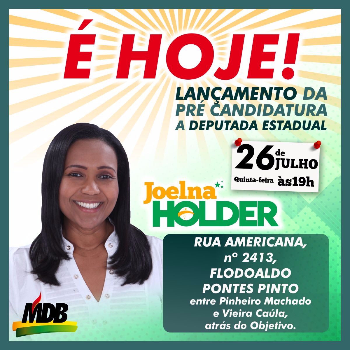 CONVITE: Joelna Holder lança pré candidatura a Deputada Estadual