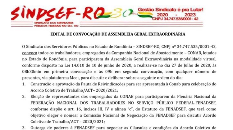 NESTA SEGUNDA-FEIRA: Sindsef convoca servidores da Conab para assembleia geral 