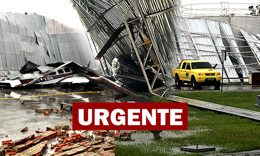 FOTOS E VÍDEO: Forte temporal derruba hangar sobre avião e helicóptero em aeroporto do Acre