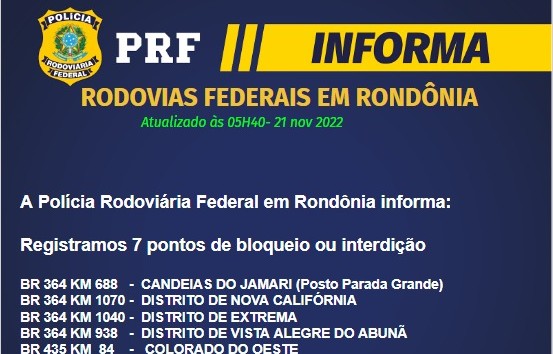 ATUALIZAÇÃO: PRF informa que ainda existem sete pontos de bloqueio em rodovias de RO