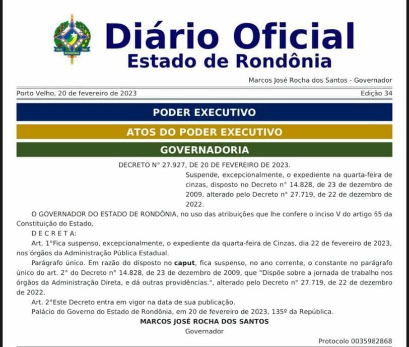 FOLGA: Governo decreta ponto facultativo na quarta-feira (22) em Rondônia 