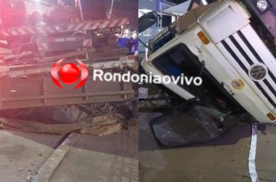 NO CENTRO: Caminhão carregado de madeira capota em plena 7 de Setembro