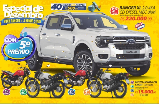 RONDÔNCAP: Nova Ranger no 5º PRÊMIO, 4 Motos Honda e 40 Giros de 500 reais!