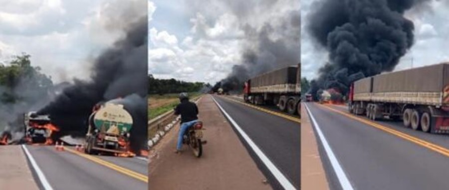 HOMENS ARMADOS: Criminosos ateiam fogo em dois caminhões na BR-163; Veja vídeo