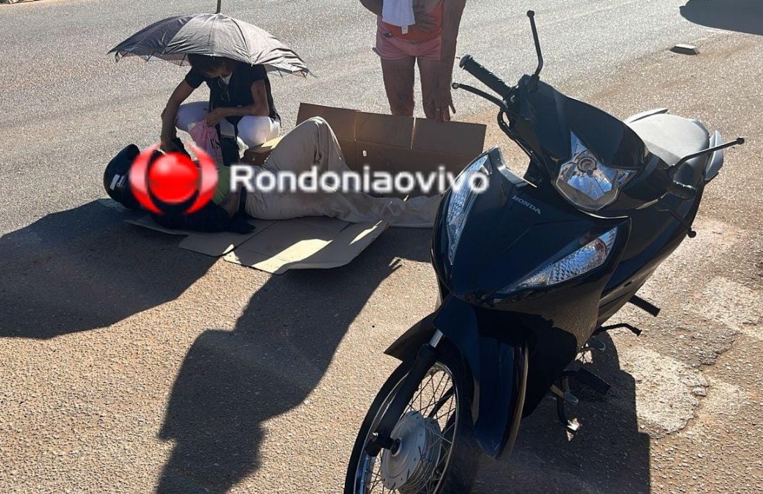 URGENTE: Mulher em moto sofre grave queda ao passar por 'tartaruga' de sinalização