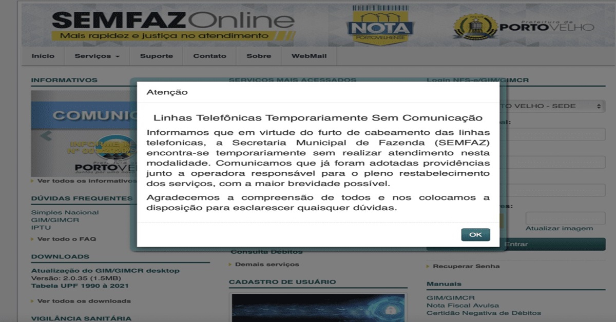 SEM ACESSO: Furtos de cabos telefônicos tira site da Semfaz do ar, em Porto Velho