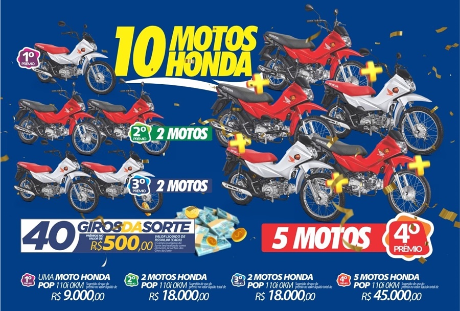RONDÔNCAP: Sorteio de 10 motos Honda, 40 prêmios em dinheiro e título só 10 reais