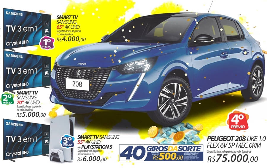 RONDÔNCAP: Novo Peugeot 208, 3 TVs gigantes, Playstation, 40 giros da sorte!