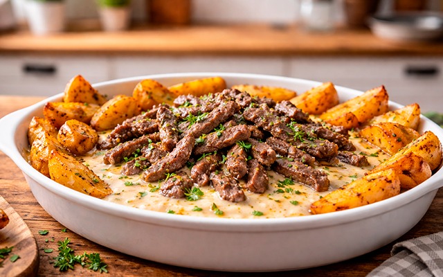MELHOR QUE PETISCO: Tirinhas de carne com creme de queijo e batatas superfácil de fazer