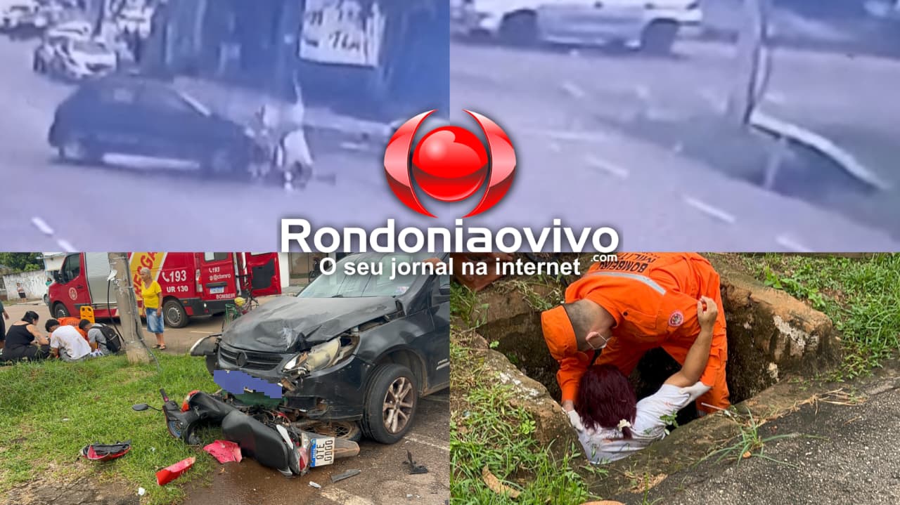 NO CENTRO: Vídeo mostra mulher caindo em bueiro após atropelamento