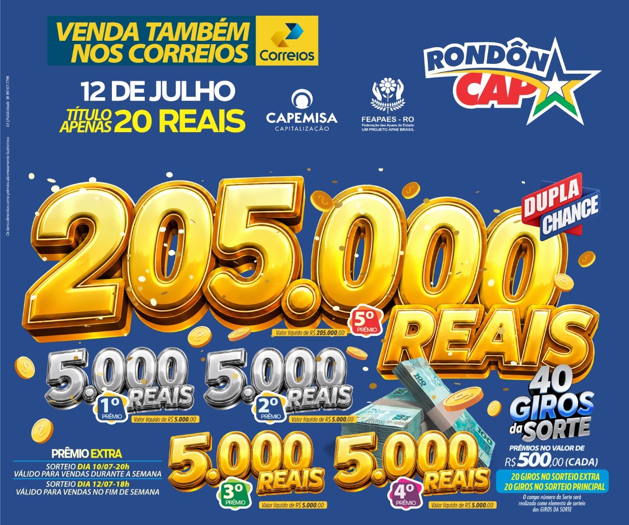 RONDONCAP ESPECIAL DE FÉRIAS: São 2 sorteios, 45 prêmios com uma bolada de 205 mil no 5º prêmio