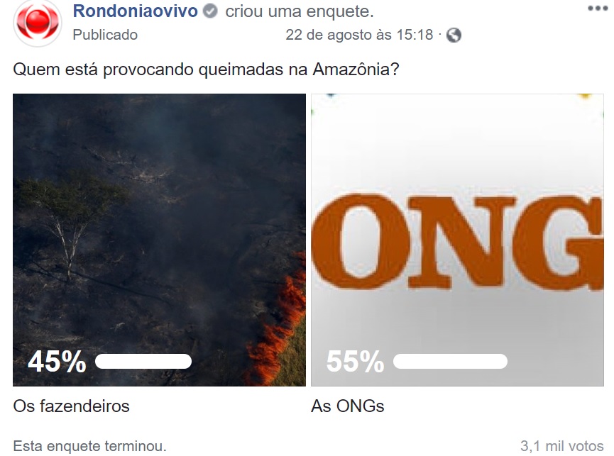 ENQUETE: 55% acreditam que ONGs queimam florestas na Amazônia