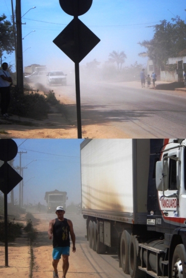 Moradores protestam no bairro Nacional contra a forte emissão de poeira causada por empresa que transporta aterro - Confira fotos