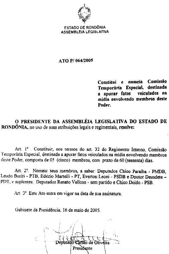 Lei Ato que institui Comissão Especial para investigar denúncia