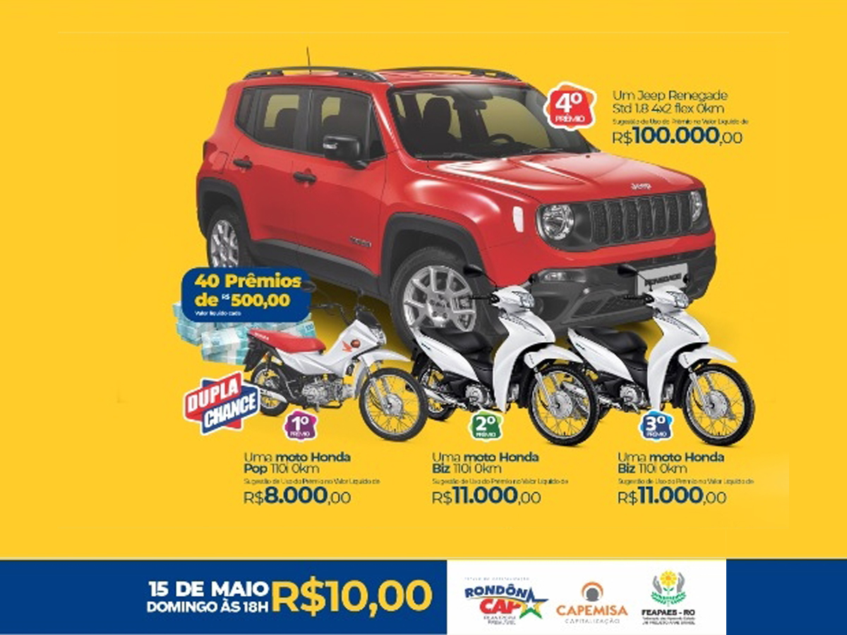 OPORTUNIDADE: Concorra a um Jeep Renegade + 3 motos Honda e título só 10 reais