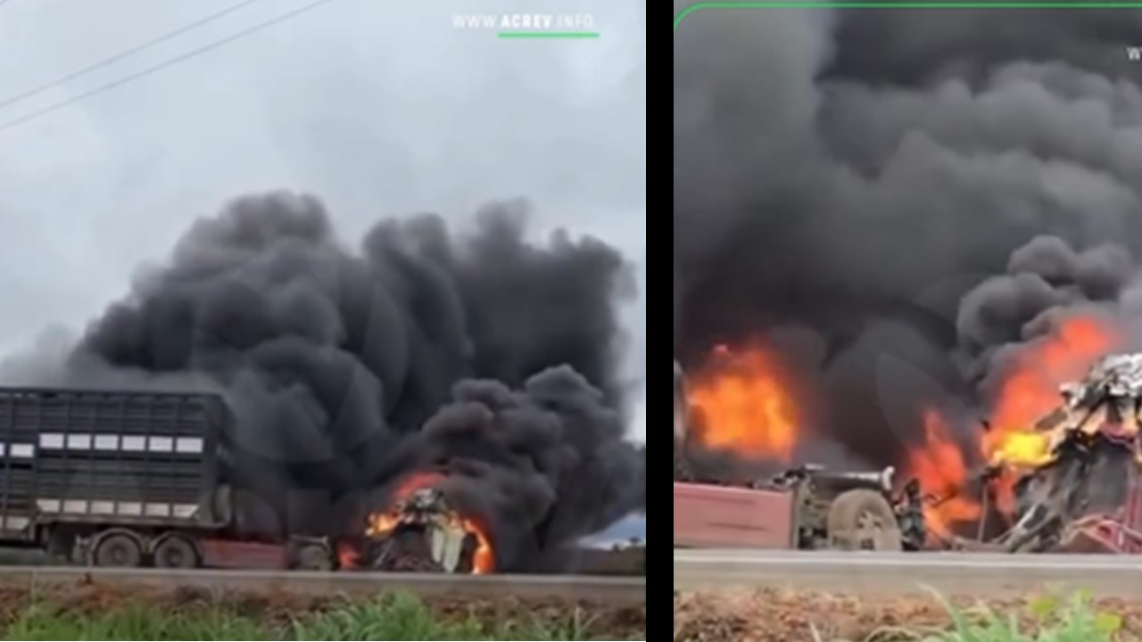 MOTORISTA FICOU FERIDO: Caminhão pega fogo após colisão na BR-364 em Pimenta Bueno