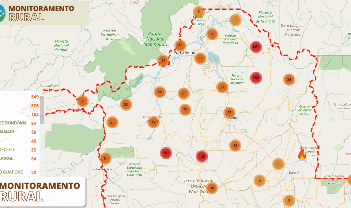 MONITORAMENTO RURAL: Porto Velho tem 849 focos de incêndio neste momento; acompanhe