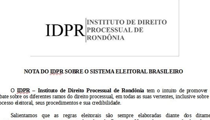 NOTA: Instituto de Direito Processual de RO repudia ataques de Bolsonaro às urnas