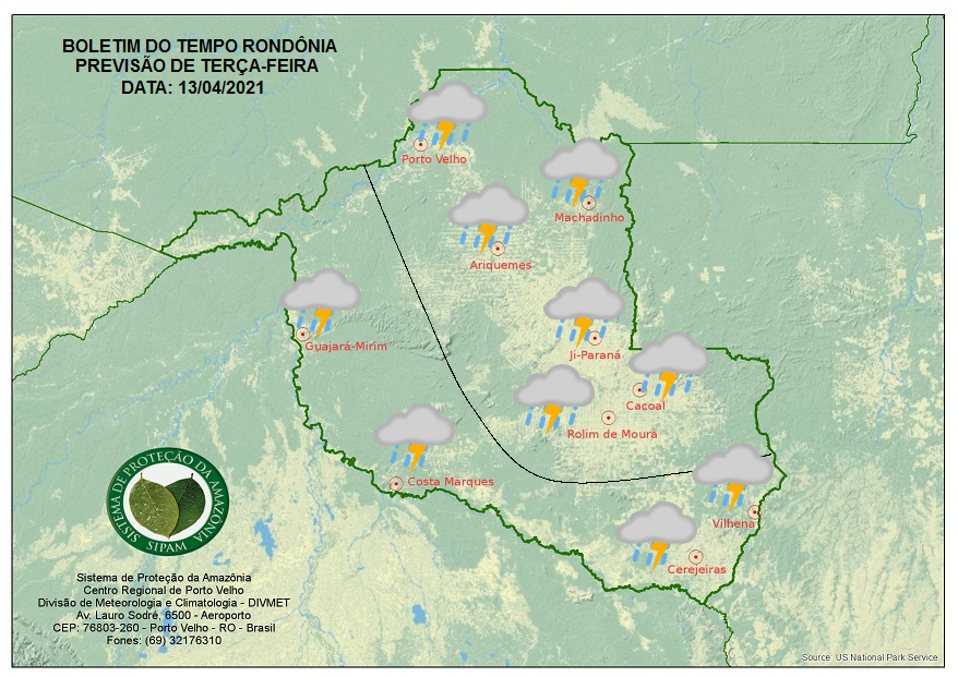 CLIMA EM RONDÔNIA: Sipam prevê chuva com trovoadas a qualquer hora do dia nesta terça-feira (13)