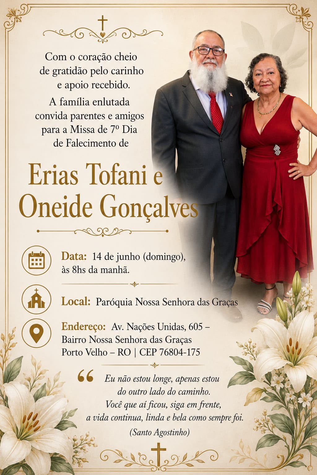 LUTO: Família convida para Missa de 7º Dia de Erias Tofani e Oneide Gonçalves neste domingo (14)