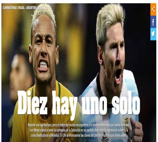 Jornal argentino compara Messi e Neymar e provoca: '10 só tem um'