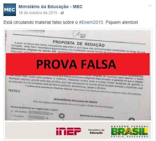 MEC nega vazamento de tema da redação em 2015