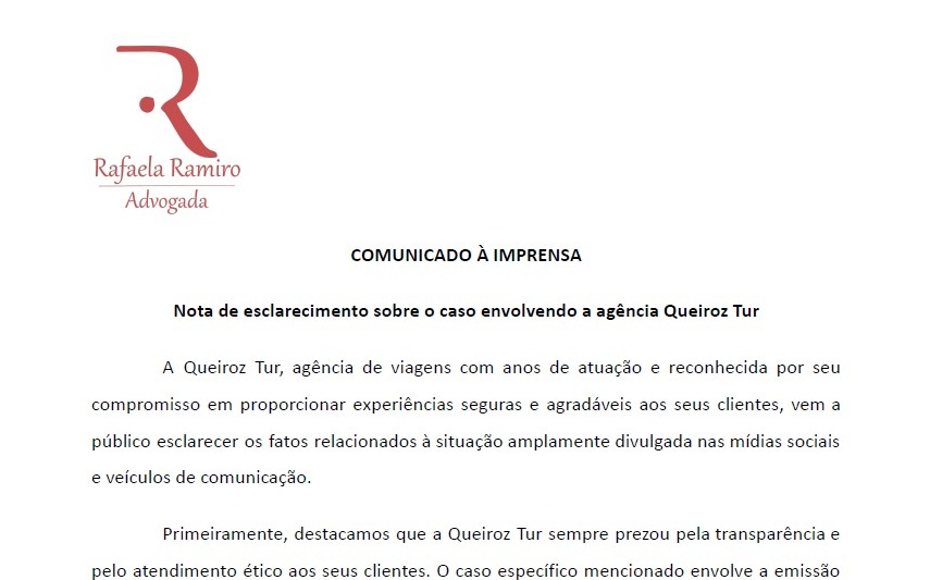 ESCLARECIMENTO: Jurídico de Agência Queiroz Turismo emite nota sobre caso