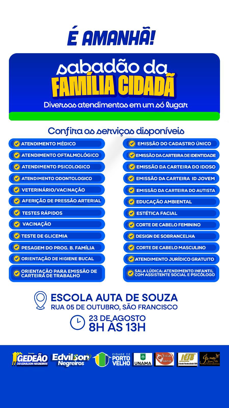 SABADÃO FAMÍLIA CIDADÃ: Evento do vereador Gedeão Negreiros acontece amanhã (sábado, 23)