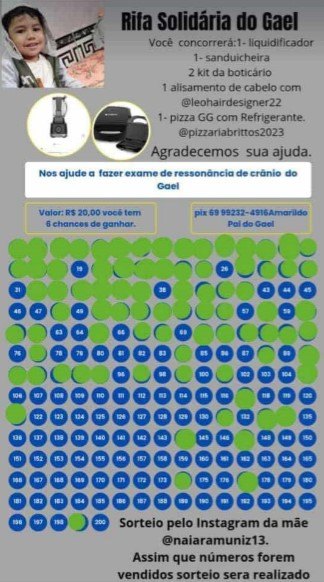 SOLIDARIEDADE: Família organiza rifa solidária para ajudar criança em PVH