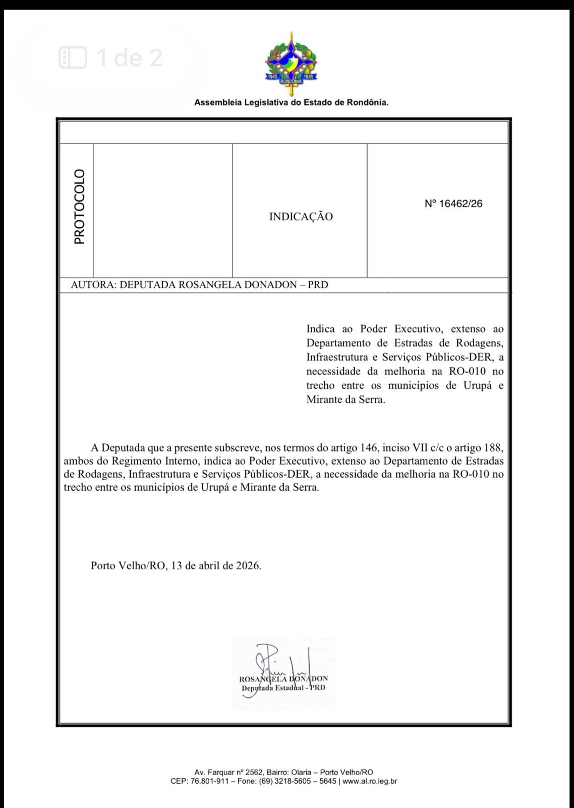 ROSANGELA DONADON: Recuperação da RO-010 é solicitada pela deputada para o trecho de Urupá