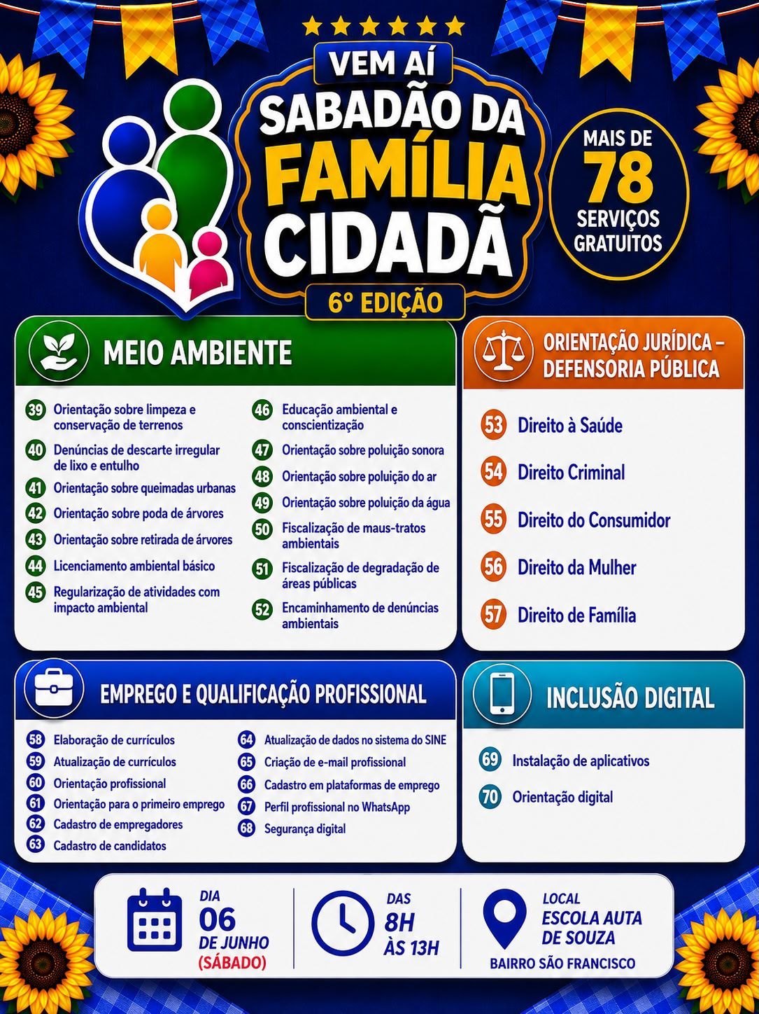 SABADÃO DA FAMÍLIA CIDADÃ: Ver. Gedeão Negreiros promove mutirão com mais de 78 serviços gratuitos