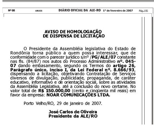 VERGONHA -  ALE/RO dispensa licitação para contratação de serviços de publicidade - Veja homologação