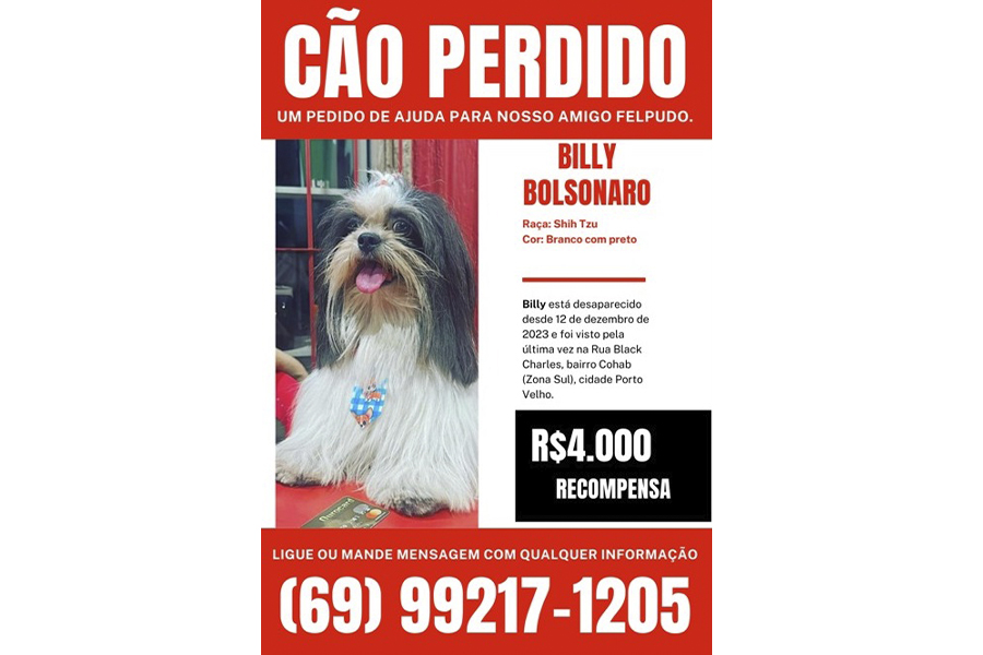 R$ 4 mil: Recompensa para quem encontrar ‘Billy Bolsonaro’